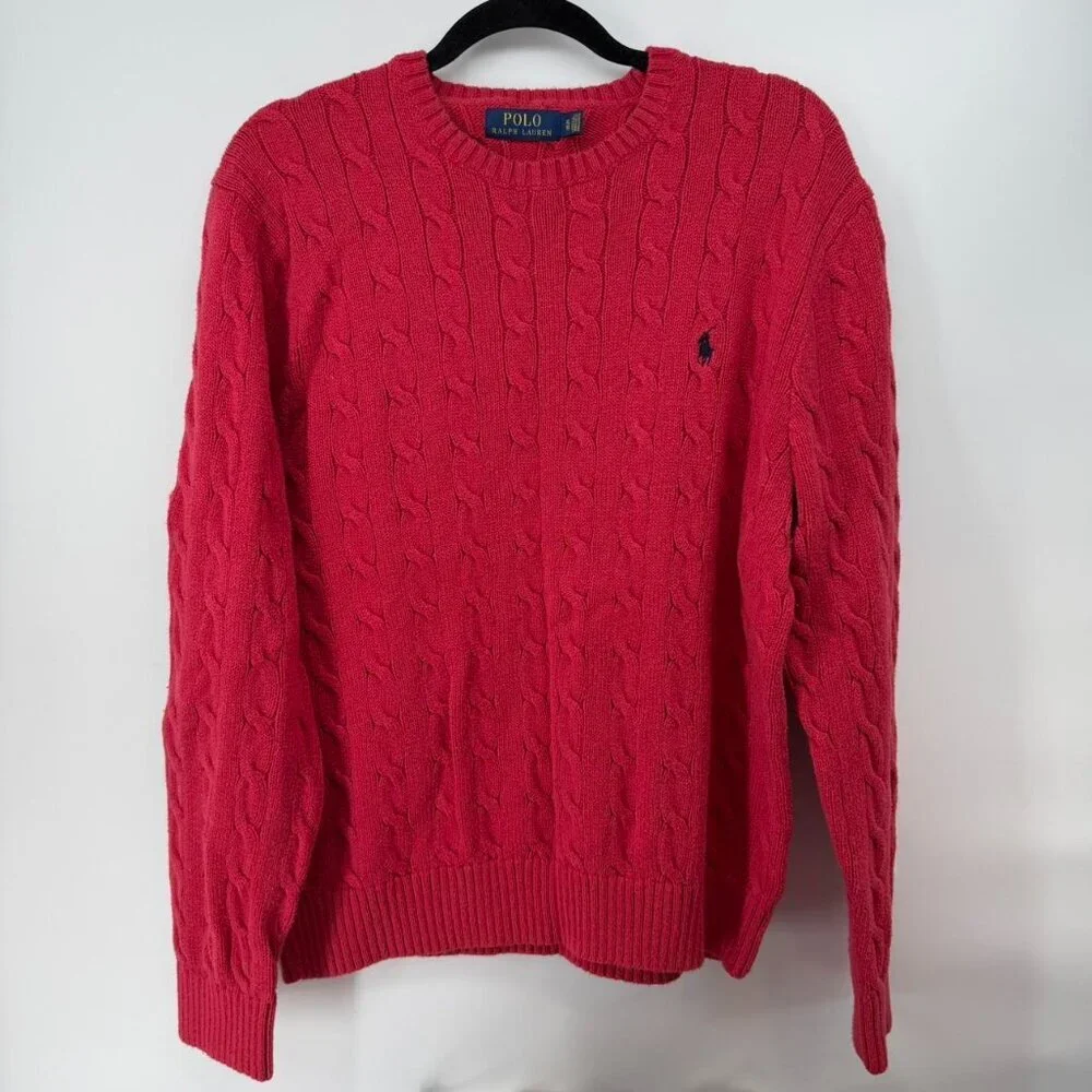 Polo Ralph Lauren Sweater Men's XL Red Long Sleeve Cotton Cable Knit Warm